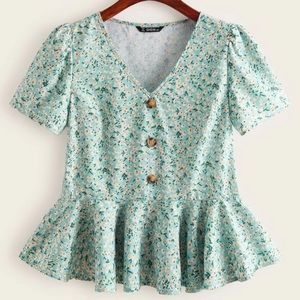 sea foam button down floral peplum blouse
